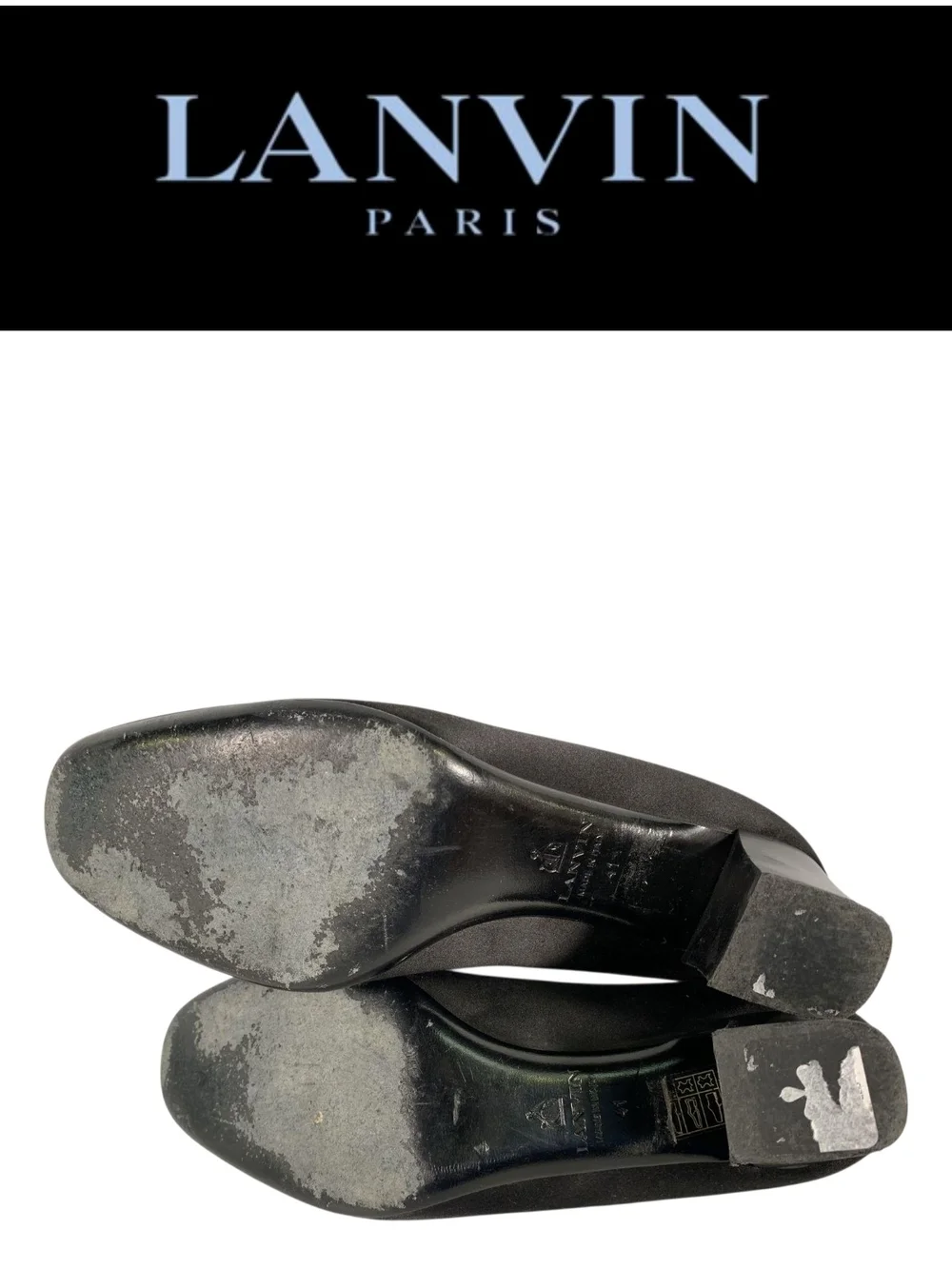 Lanvin Paris Black Satin Rosette Bow Pumps Chunky Block Heel Size 41 Authentic